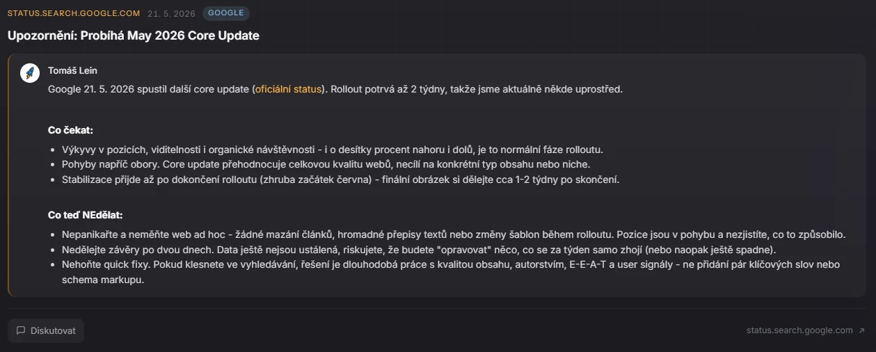 Novinka o Google core update s komentářem Tomáše Leina a diskuzí